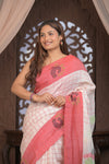 Bengal Gatha ~ Handloom Linen Saree in White and Rose Pink - verymuchindian.com