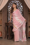 Bengal Gatha ~ Handloom Linen Saree with Kantha Embroidery in White Pink - verymuchindian.com