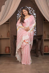 Bengal Gatha ~ Handloom Linen Saree with Kantha Embroidery in White Pink - verymuchindian.com