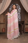 Bengal Gatha ~ Handloom Linen Saree with Kantha Embroidery in White Pink - verymuchindian.com