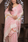 Bengal Gatha ~ Handloom Linen Saree with Kantha Embroidery in White Pink - verymuchindian.com