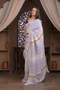 Bengal Gatha ~ Handloom Linen Saree with Kantha Embroidery in White Purple - verymuchindian.com