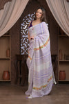 Bengal Gatha ~ Handloom Linen Saree with Kantha Embroidery in White Purple - verymuchindian.com