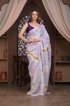 Bengal Gatha ~ Handloom Linen Saree with Kantha Embroidery in White Purple - verymuchindian.com