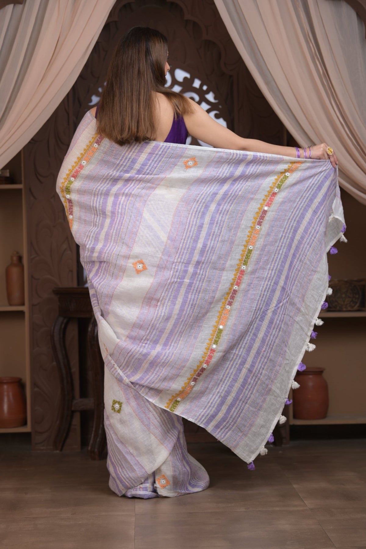 Bengal Gatha ~ Handloom Linen Saree with Kantha Embroidery in White Purple - verymuchindian.com