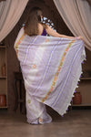 Bengal Gatha ~ Handloom Linen Saree with Kantha Embroidery in White Purple - verymuchindian.com