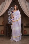 Bengal Gatha ~ Handloom Linen Saree with Kantha Embroidery in White Purple - verymuchindian.com