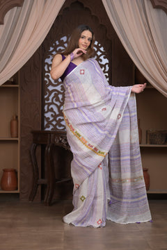 Bengal Gatha ~ Handloom Linen Saree with Kantha Embroidery in White Purple - verymuchindian.com