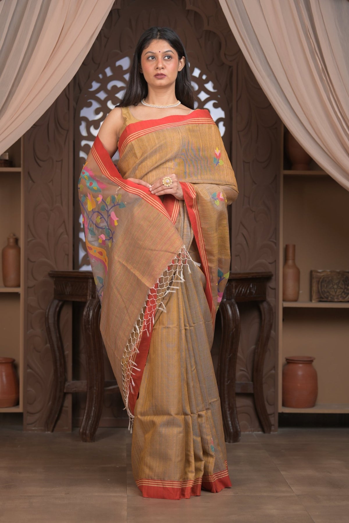 Bengal Gatha ~ Handloom Matka Silk Saree with Floral Handweave in Grainy Mustard Yellow - verymuchindian.com