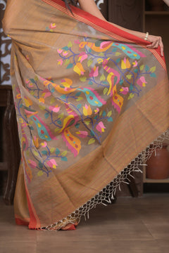 Bengal Gatha ~ Handloom Matka Silk Saree with Floral Handweave in Grainy Mustard Yellow - verymuchindian.com