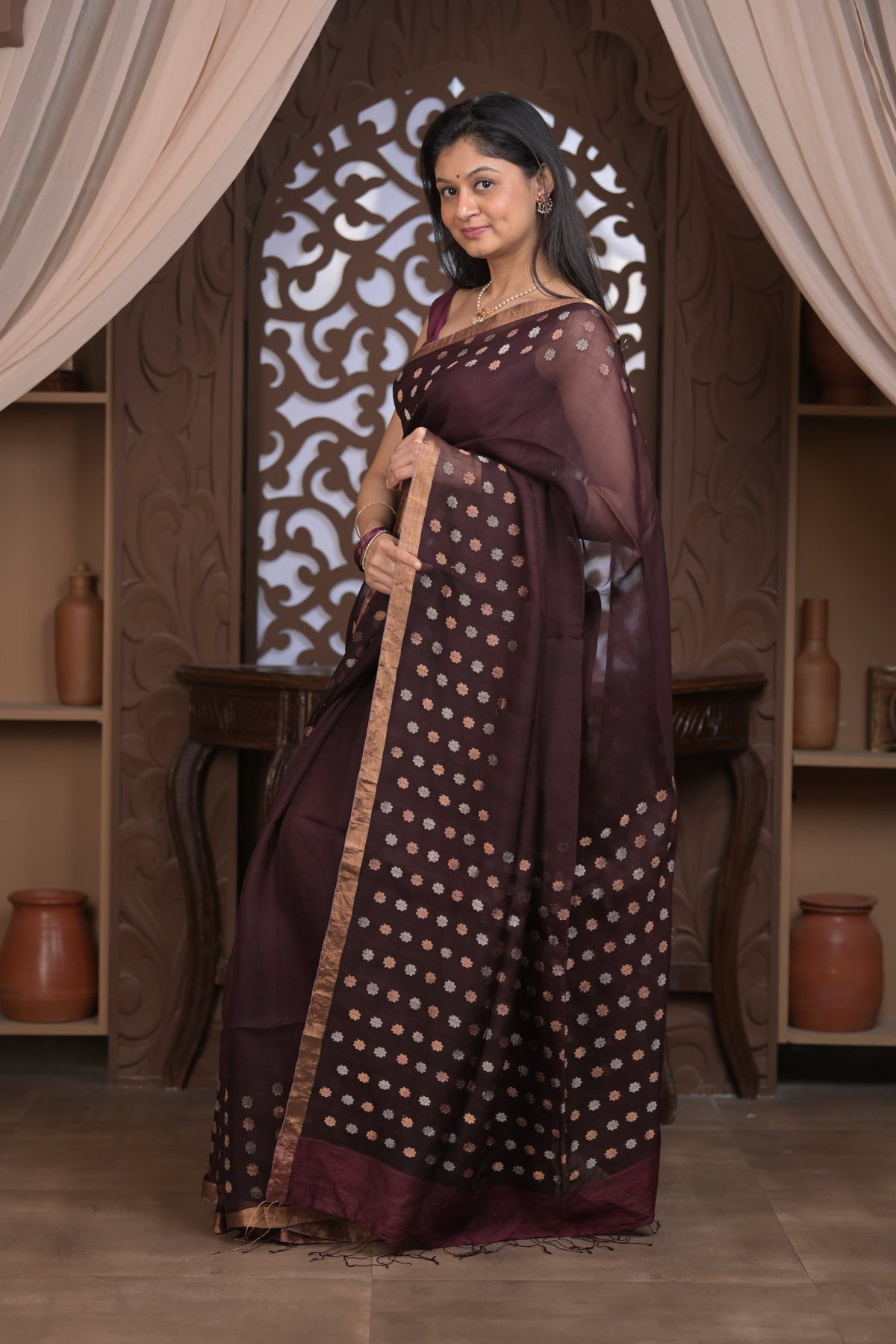 Bengal Gatha ~ Handloom Pure Silk Jamdhani Saree in Brown - verymuchindian.com