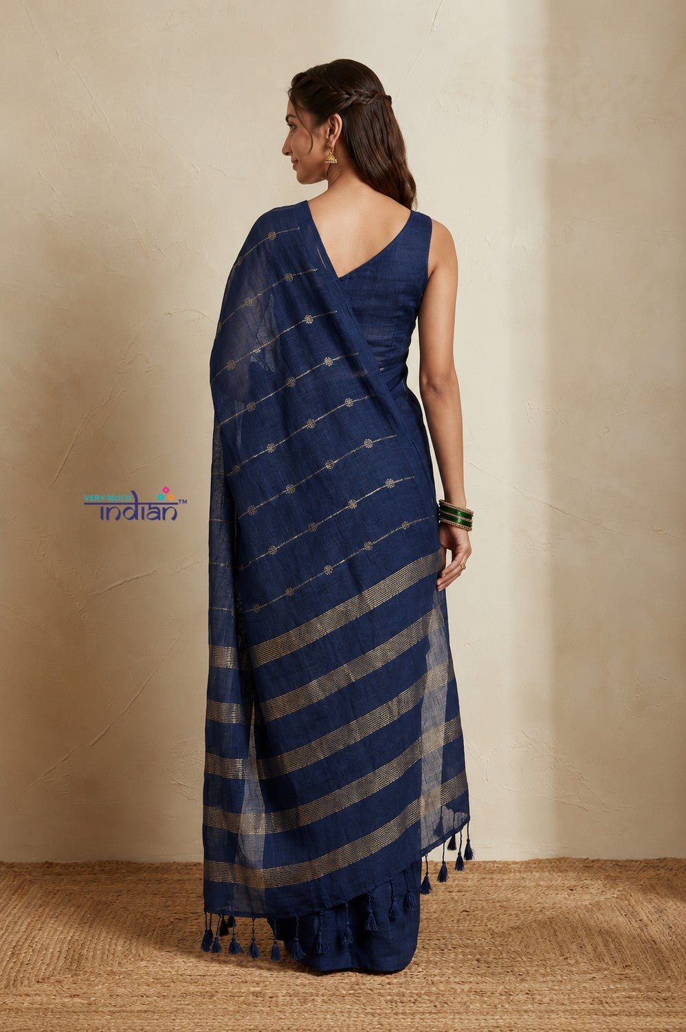 Bengal Gatha ~ Handloom Pure Silk Jamdhani Saree in Dark Blue - verymuchindian.com