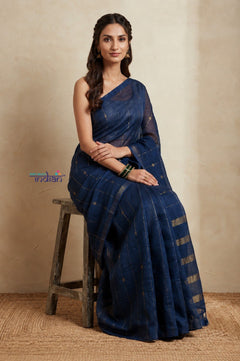 Bengal Gatha ~ Handloom Pure Silk Jamdhani Saree in Dark Blue - verymuchindian.com