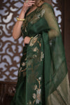 Bengal Gatha ~ Handloom Pure Silk Jamdhani Saree in Dark Green - verymuchindian.com