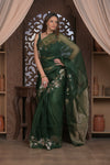 Bengal Gatha ~ Handloom Pure Silk Jamdhani Saree in Dark Green - verymuchindian.com