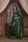 Bengal Gatha ~ Handloom Pure Silk Jamdhani Saree in Dark Green - verymuchindian.com