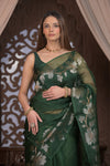 Bengal Gatha ~ Handloom Pure Silk Jamdhani Saree in Dark Green - verymuchindian.com