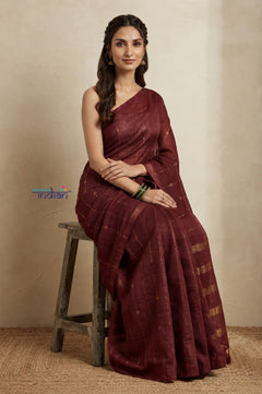 Bengal Gatha ~ Handloom Pure Silk Jamdhani Saree in Dark Red - verymuchindian.com