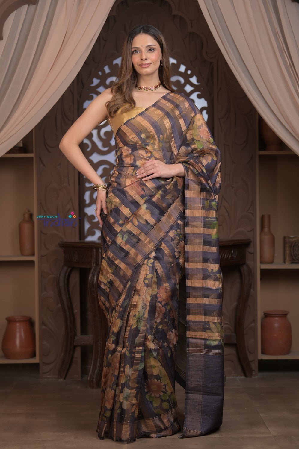 Bengal Gatha ~ Handloom Pure Silk Saree with Digital Print in Black - verymuchindian.com