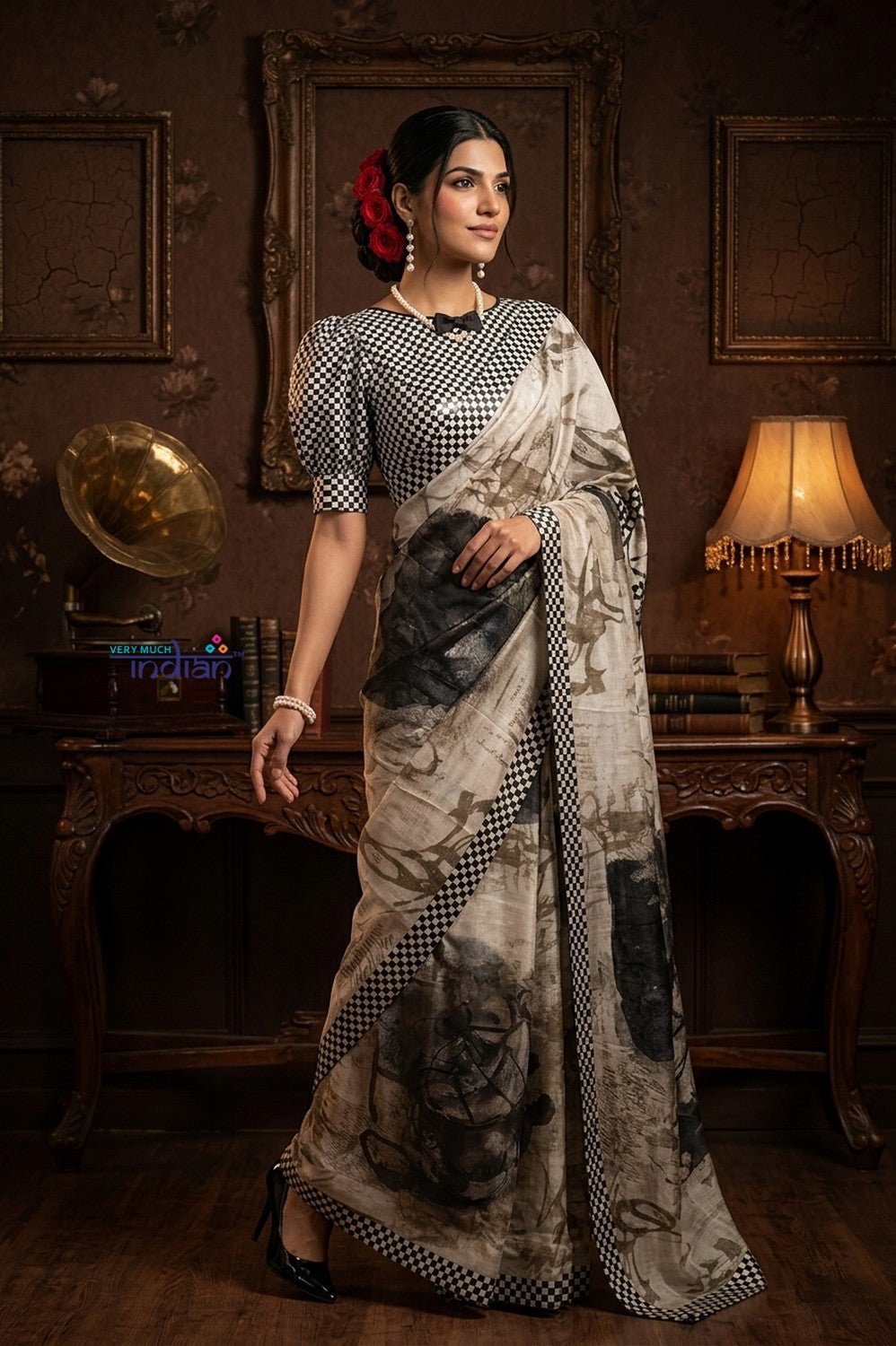 Bengal Gatha ~ Handloom Pure Silk Saree with Digital Print in White and Black - verymuchindian.com