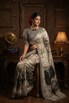 Bengal Gatha ~ Handloom Pure Silk Saree with Digital Print in White and Black - verymuchindian.com