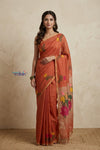 Bengal Gatha ~ Handloom Tissue Linen Saree with Smart Floral Prints in Salient Orange - verymuchindian.com
