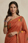 Bengal Gatha ~ Handloom Tissue Linen Saree with Smart Floral Prints in Salient Orange - verymuchindian.com