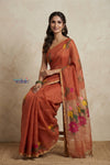 Bengal Gatha ~ Handloom Tissue Linen Saree with Smart Floral Prints in Salient Orange - verymuchindian.com