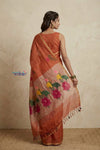 Bengal Gatha ~ Handloom Tissue Linen Saree with Smart Floral Prints in Salient Orange - verymuchindian.com