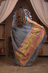 Bengal Gatha ~ Handloom Tissue Silk Saree with Floral Handweave in Bluish Grey - verymuchindian.com