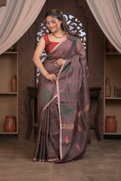 Bengal Gatha ~ Handloom Tissue Silk Saree with Floral Handweave in Brown - verymuchindian.com