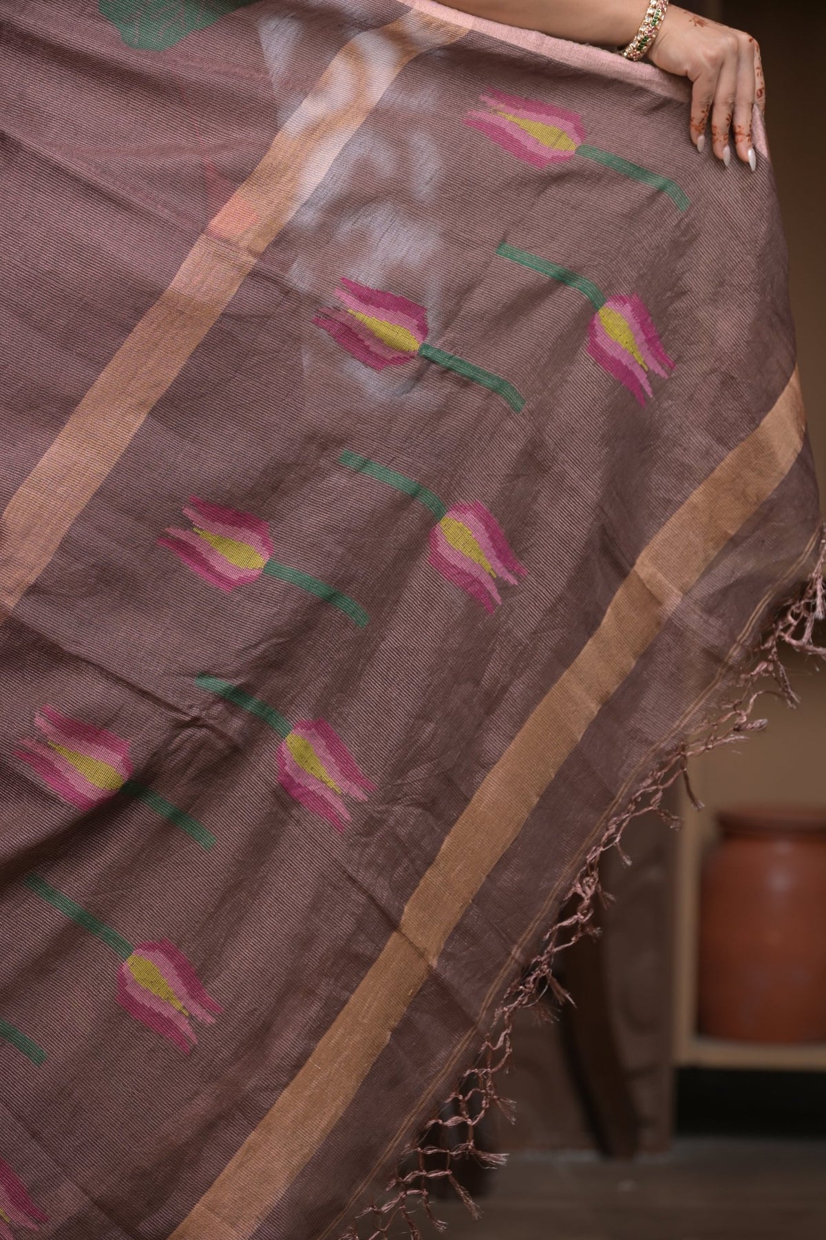Bengal Gatha ~ Handloom Tissue Silk Saree with Floral Handweave in Brown - verymuchindian.com