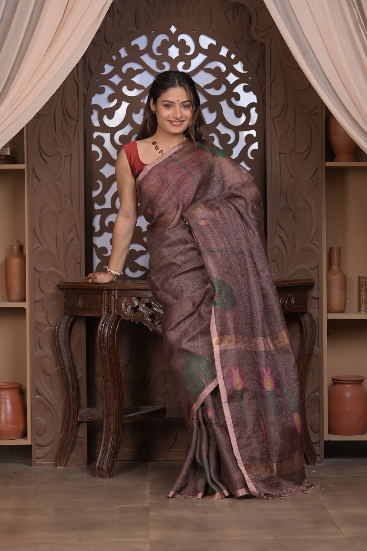 Bengal Gatha ~ Handloom Tissue Silk Saree with Floral Handweave in Brown - verymuchindian.com