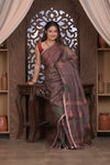 Bengal Gatha ~ Handloom Tissue Silk Saree with Floral Handweave in Brown - verymuchindian.com