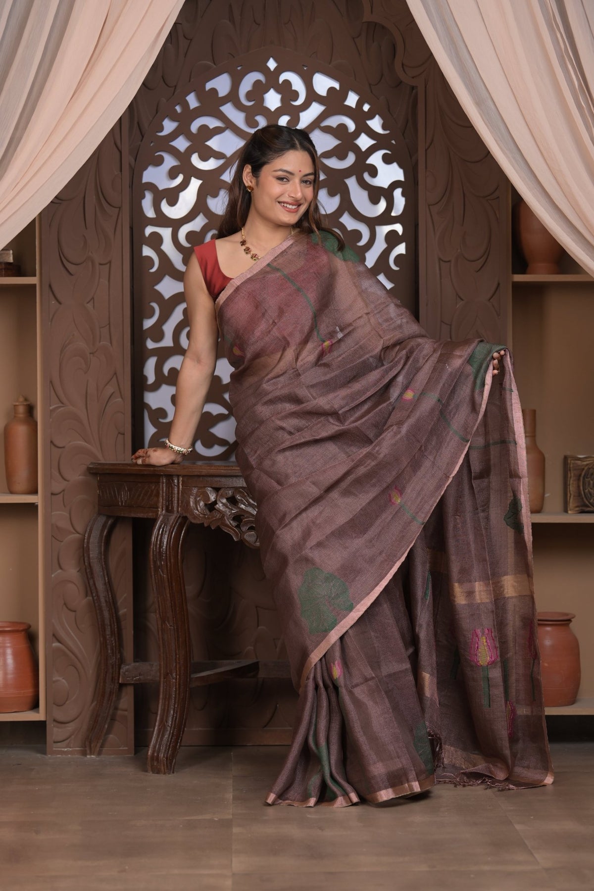 Bengal Gatha ~ Handloom Tissue Silk Saree with Floral Handweave in Brown - verymuchindian.com