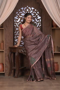 Bengal Gatha ~ Handloom Tissue Silk Saree with Floral Handweave in Brown - verymuchindian.com