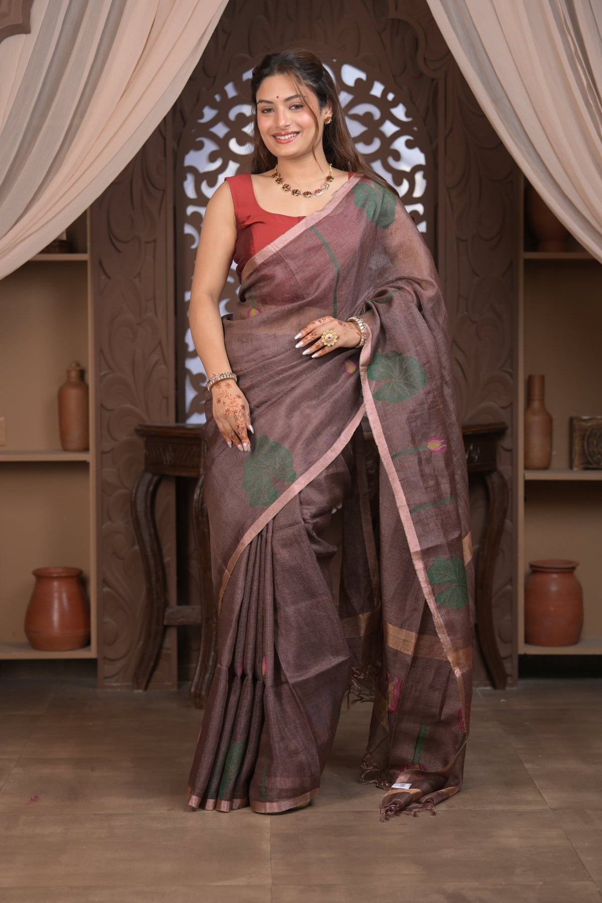 Bengal Gatha ~ Handloom Tissue Silk Saree with Floral Handweave in Brown - verymuchindian.com