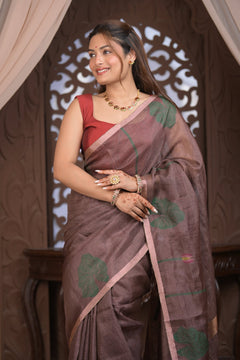 Bengal Gatha ~ Handloom Tissue Silk Saree with Floral Handweave in Brown - verymuchindian.com