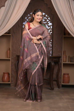 Bengal Gatha ~ Handloom Tissue Silk Saree with Floral Handweave in Brown - verymuchindian.com
