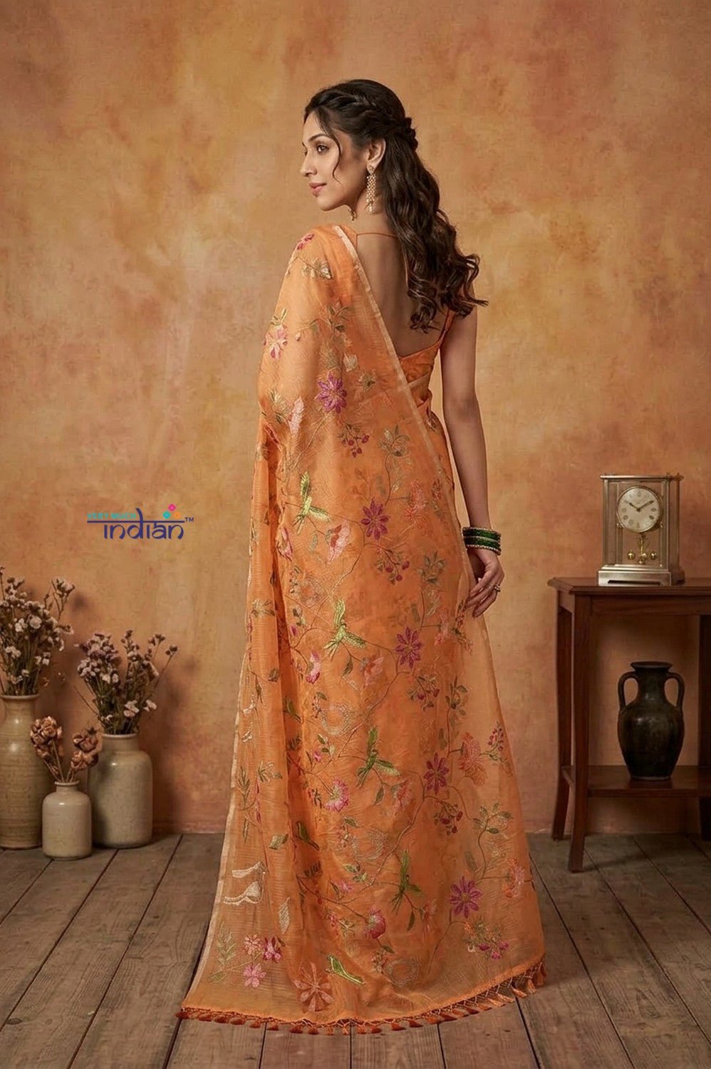 Bengal Gatha ~ Handloom Tussar Kota Silk Saree with Allover Embroidery in Orange - verymuchindian.com