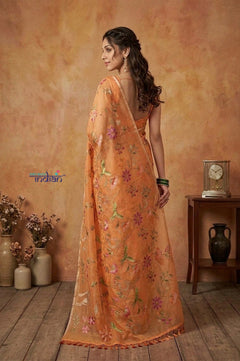 Bengal Gatha ~ Handloom Tussar Kota Silk Saree with Allover Embroidery in Orange - verymuchindian.com