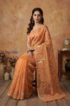 Bengal Gatha ~ Handloom Tussar Kota Silk Saree with Allover Embroidery in Orange - verymuchindian.com