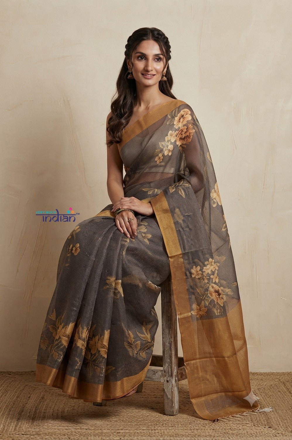 Bengal Gatha ~ Handloom Tussar Kota Silk Saree with Digital Floral Print in Staright Grey - verymuchindian.com