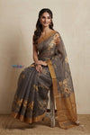 Bengal Gatha ~ Handloom Tussar Kota Silk Saree with Digital Floral Print in Staright Grey - verymuchindian.com