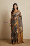 Bengal Gatha ~ Handloom Tussar Kota Silk Saree with Digital Floral Print in Staright Grey - verymuchindian.com