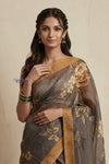 Bengal Gatha ~ Handloom Tussar Kota Silk Saree with Digital Floral Print in Staright Grey - verymuchindian.com