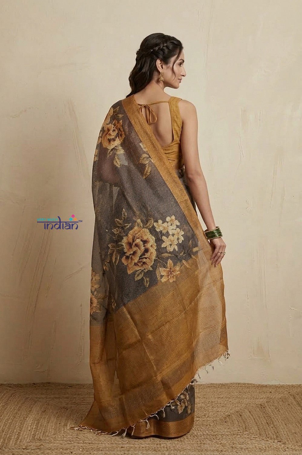 Bengal Gatha ~ Handloom Tussar Kota Silk Saree with Digital Floral Print in Staright Grey - verymuchindian.com