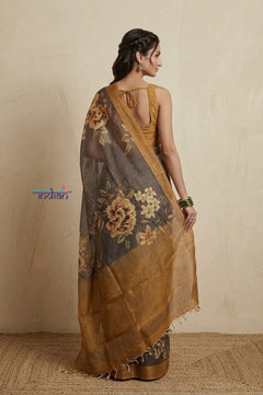 Bengal Gatha ~ Handloom Tussar Kota Silk Saree with Digital Floral Print in Staright Grey - verymuchindian.com
