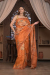 Bengal Gatha ~ Handloom Tussar Kota Silk Saree with Digital Print in Orange - verymuchindian.com