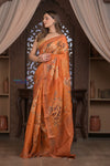 Bengal Gatha ~ Handloom Tussar Kota Silk Saree with Digital Print in Orange - verymuchindian.com